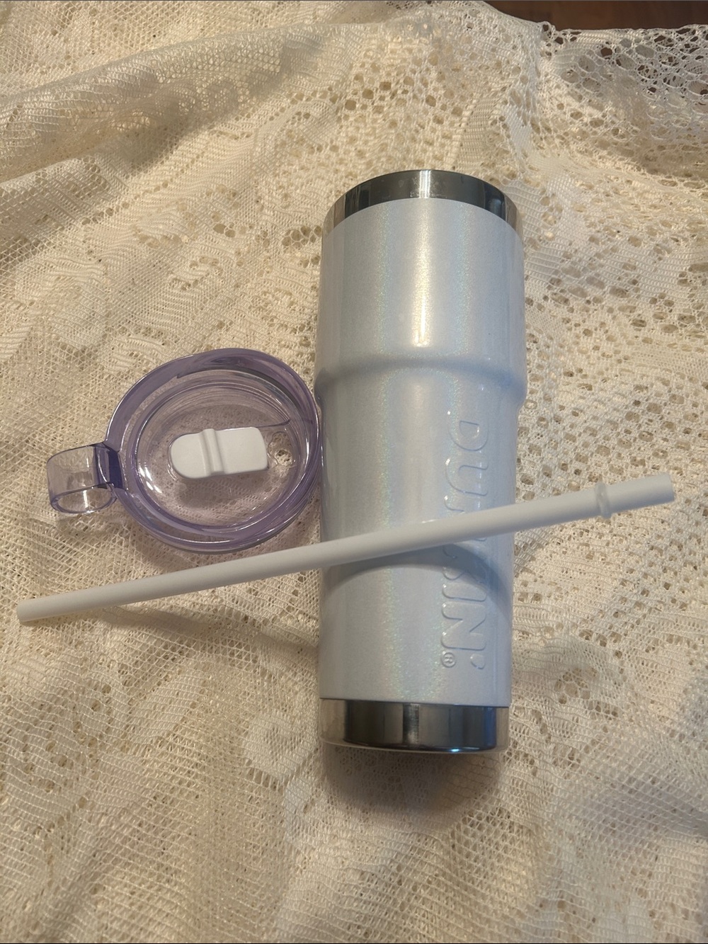 Dunkin Iridescent White Travel Tumbler with Lid and White Straw included